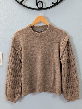 Cobble Lane Cable Sleeve Crewneck Fisherman Sweater in Heather Taupe